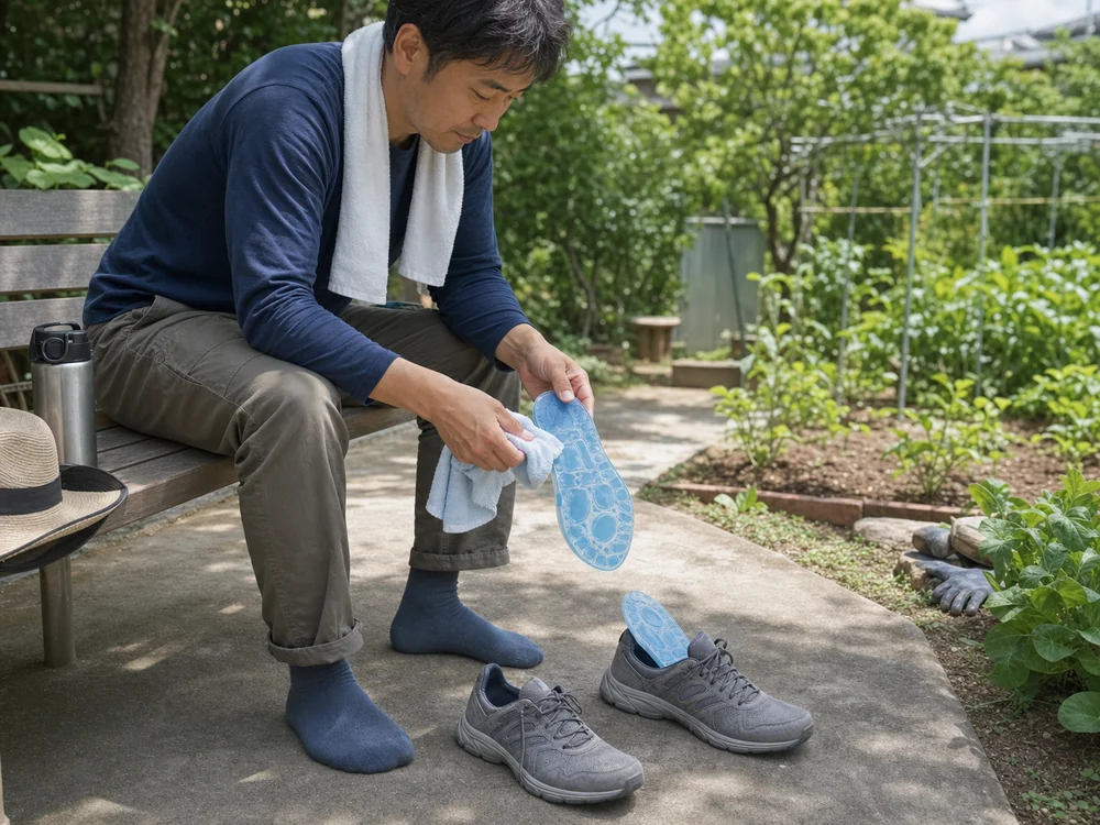 屋外作業の休憩中にスニーカーから冷感インソールを取り出す様子