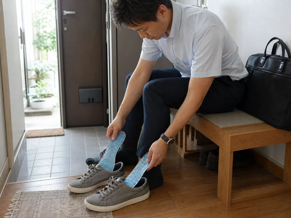 夏の通勤前にライトブルーのPCM冷感インソールをスニーカーへ入れる様子