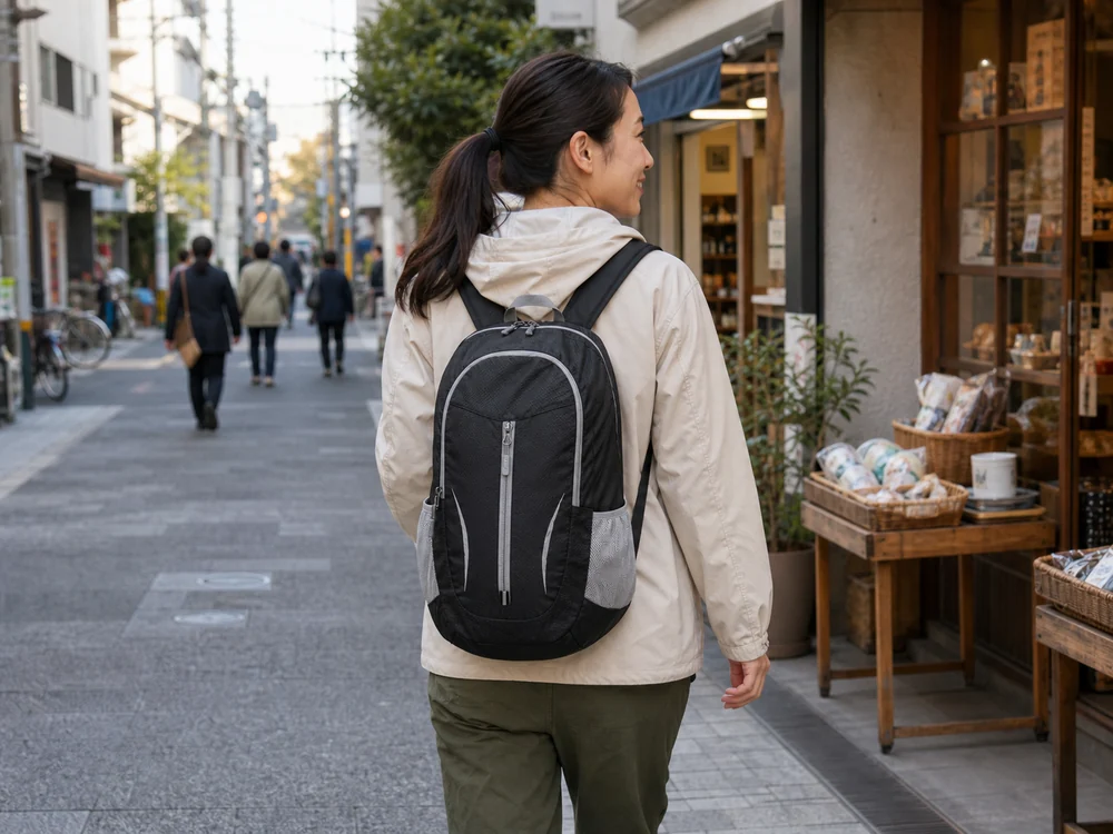 買い物帰りに黒い折りたたみリュックを背負って商店街を歩く様子