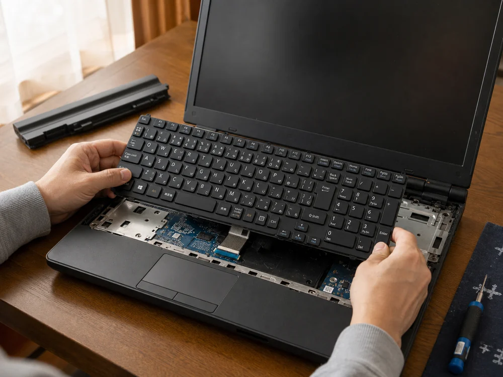 NEC VersaProからテンキー付き交換キーボードを慎重に取り外す作業風景