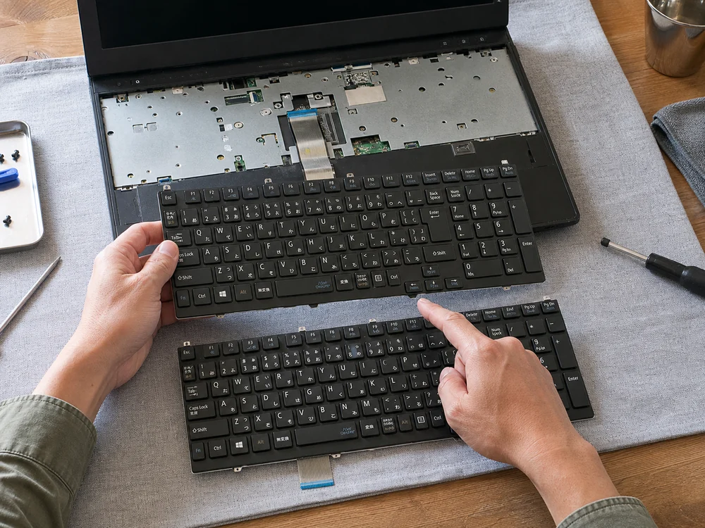 VersaPro用の旧キーボードと交換部品の形状やテンキーを見比べる様子