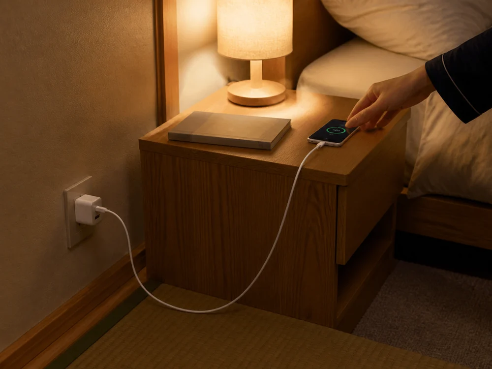 壁の充電器から1.5mケーブルでベッドサイドのスマートフォンを充電する様子