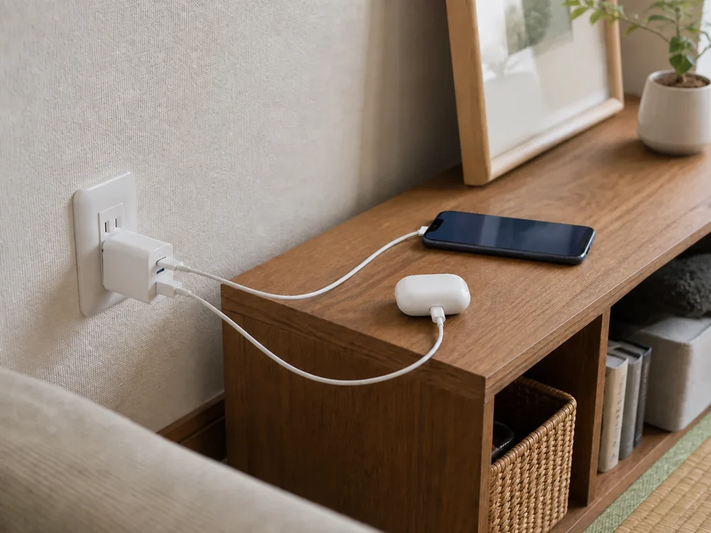 USB-CとUSB-Aでスマートフォンとイヤホンを同時充電する様子