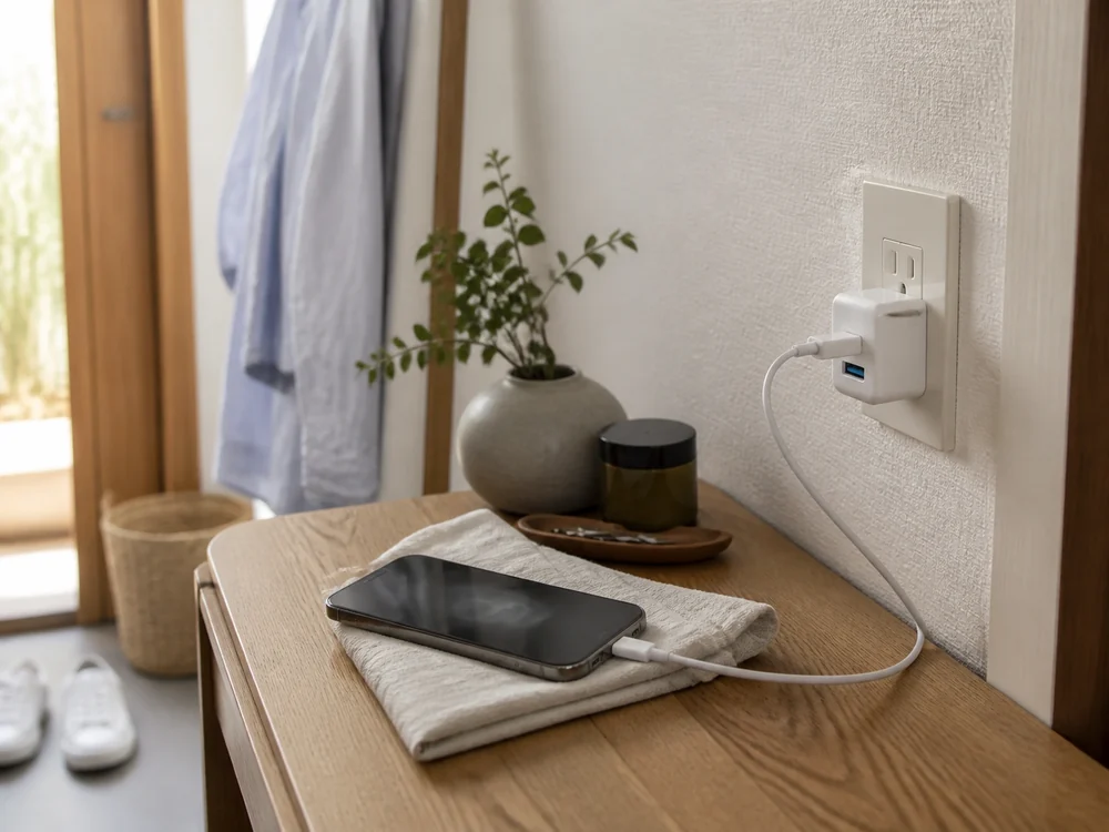 朝の身支度中にスマートフォンを充電する白い2ポート充電器