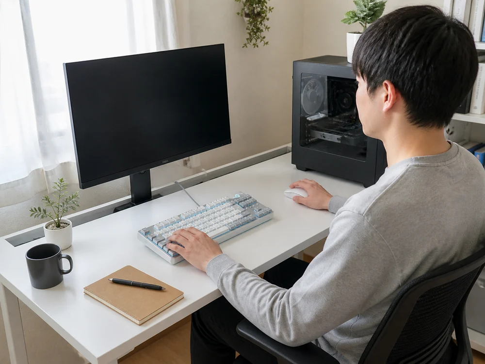 編組ケーブルを背面へ整えた白いテンキーレスキーボードを作業兼ゲームデスクで使う様子