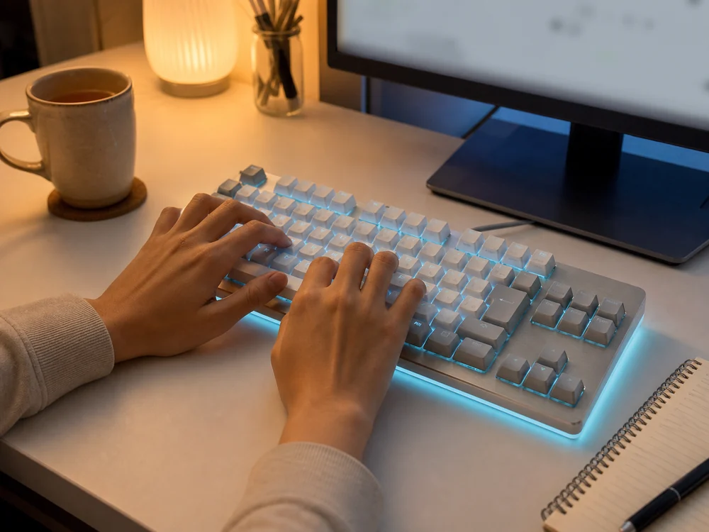 淡い青色に光る白とグレーの日本語配列キーボードで夜に文章を入力する様子
