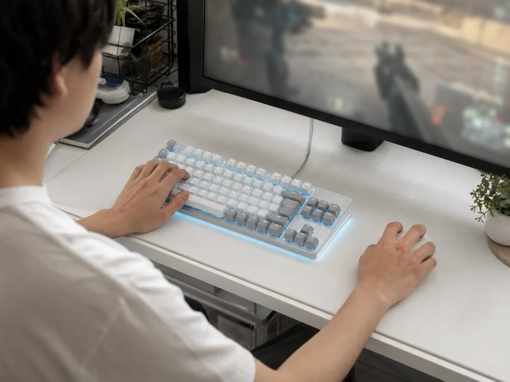 白とグレーのテンキーレスキーボードでFPSをプレイし、右側の広い範囲でマウスを動かす様子