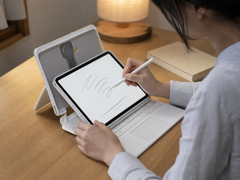 キーボードケースの上でiPadを低い角度にしてスタイラスで書く様子