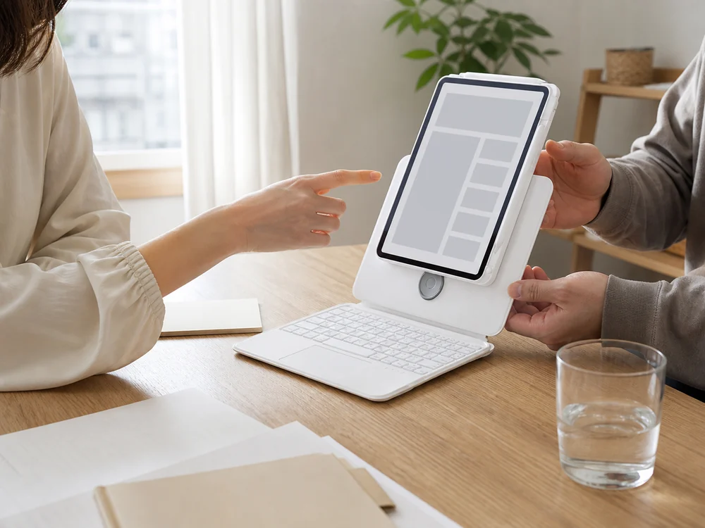 iPadを縦向きに回転させて隣の人と資料を確認する様子