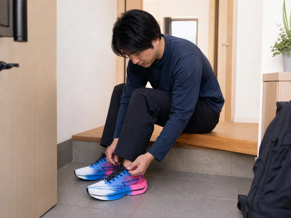 朝の玄関で青とピンクの厚底スニーカーの靴紐を結ぶ男性
