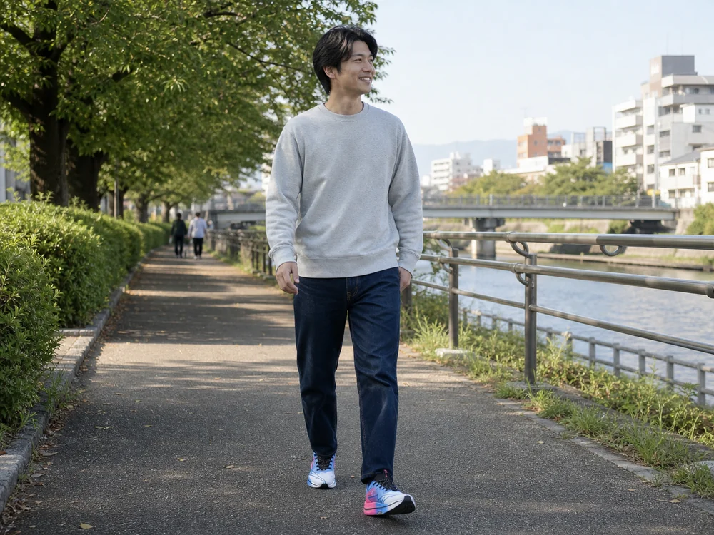 休日の川沿いを厚底スニーカーとデニムで歩く男性