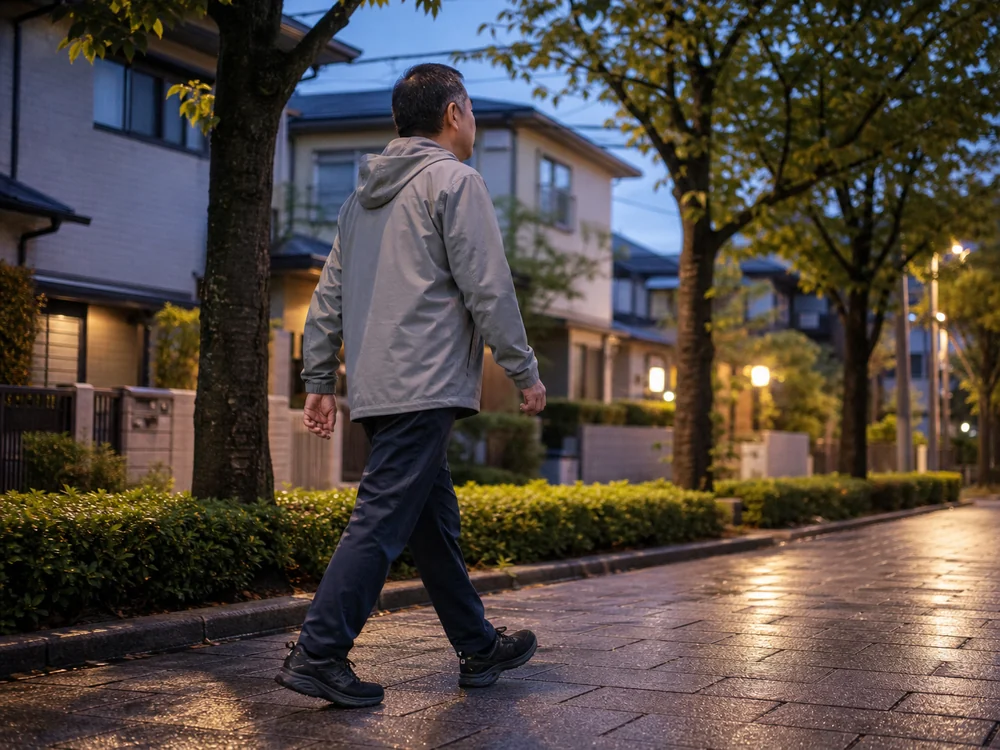 雨上がりの夕方に黒い幅広スニーカーで住宅街を歩く男性
