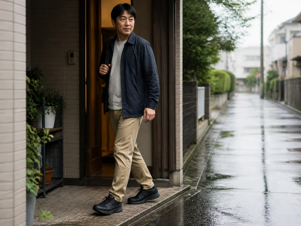 雨上がりの住宅街へ黒い幅広スニーカーで歩き出す男性