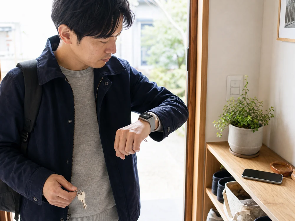 外出前にスマホと連携した通知を腕元で確認する様子