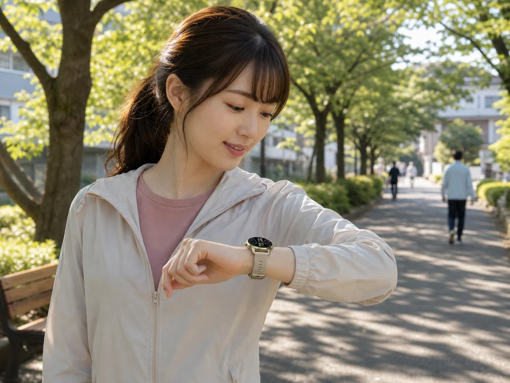 朝の公園を歩きながら丸型スマートウォッチで活動量を確認する人