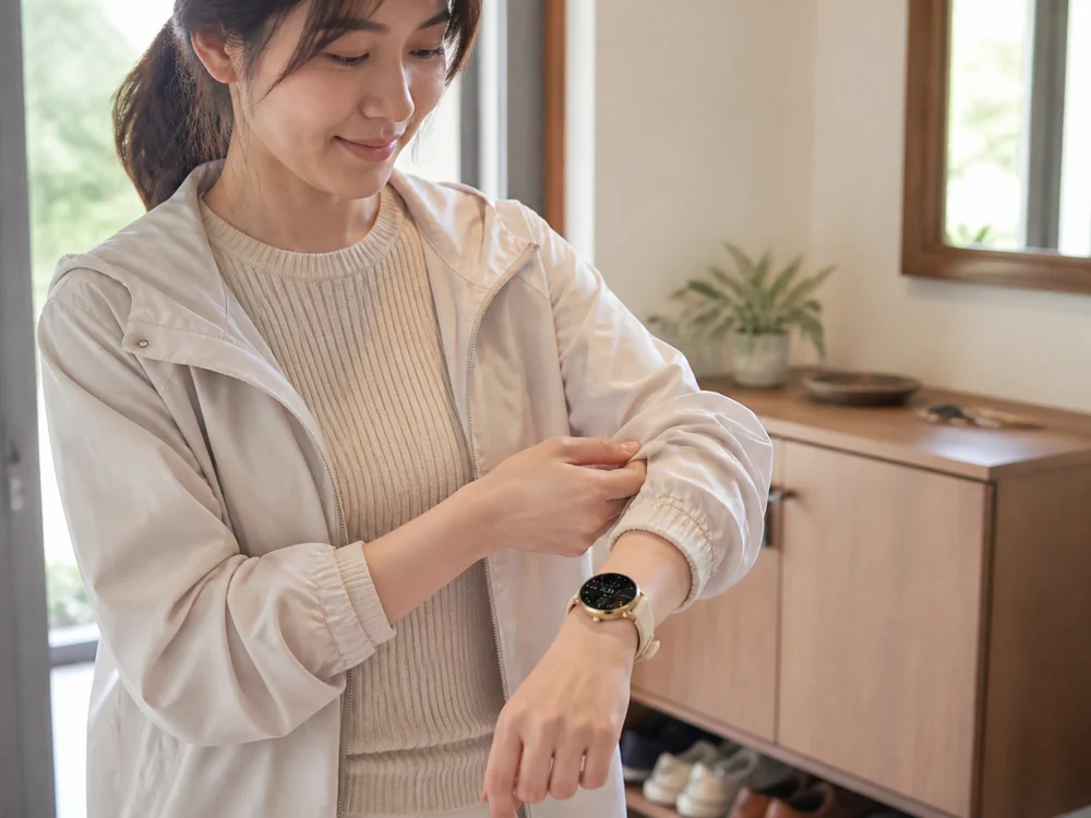 淡色の上着の袖口で丸型スマートウォッチの大きさを確かめる人