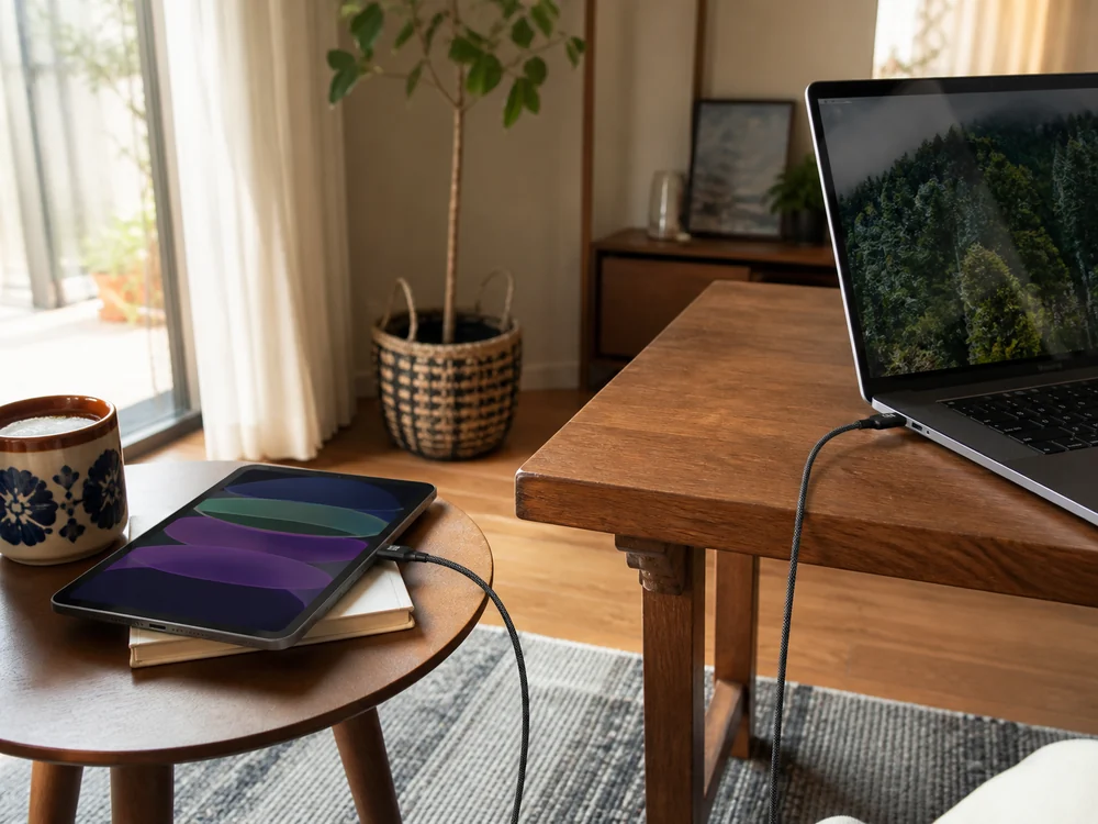 同じ部屋のタブレットとノートPCに2本のUSB-Cケーブルを分けて置く様子