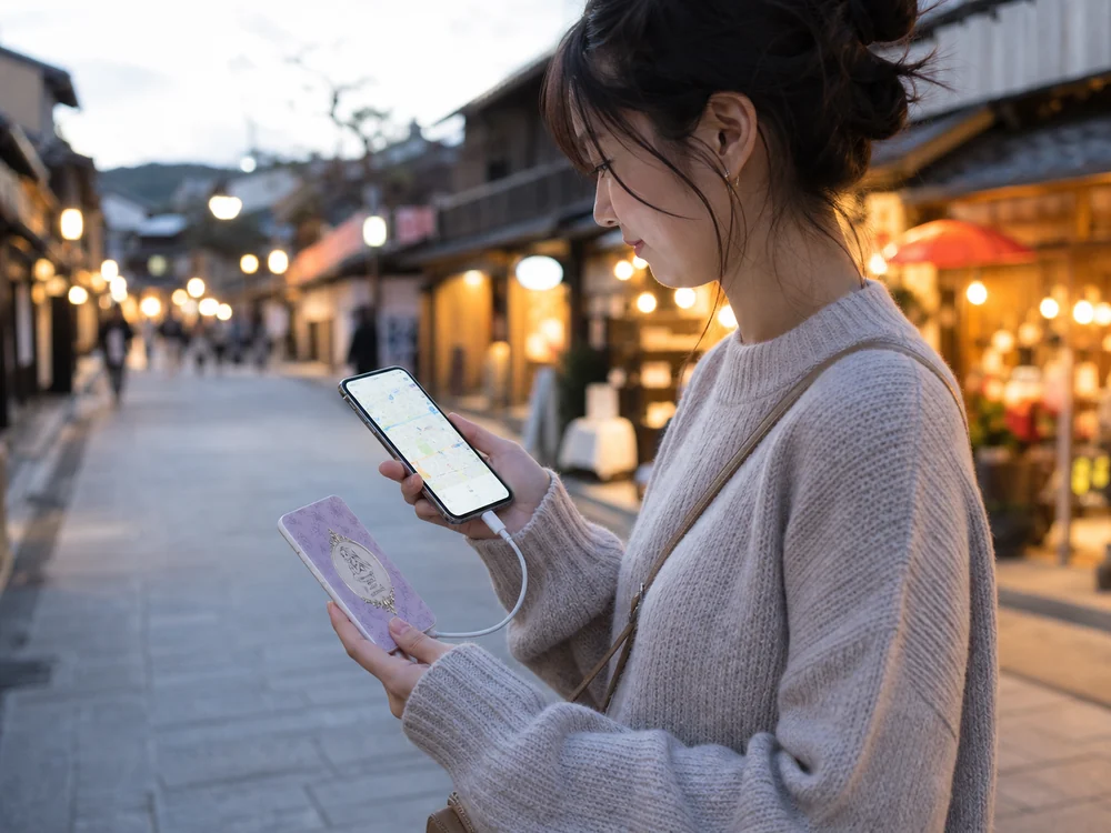 街歩き中に薄型モバイルバッテリーをスマートフォンにつないで使う様子