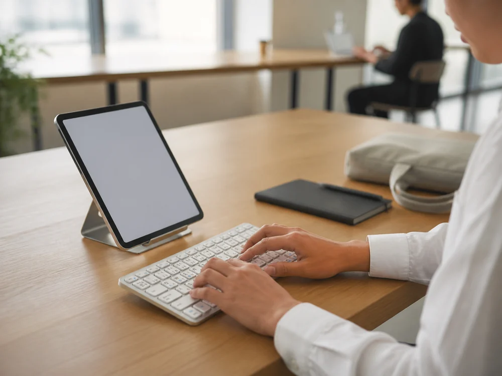 共有ワークスペースでタブレットと白銀の薄型キーボードを使って文章を入力する様子