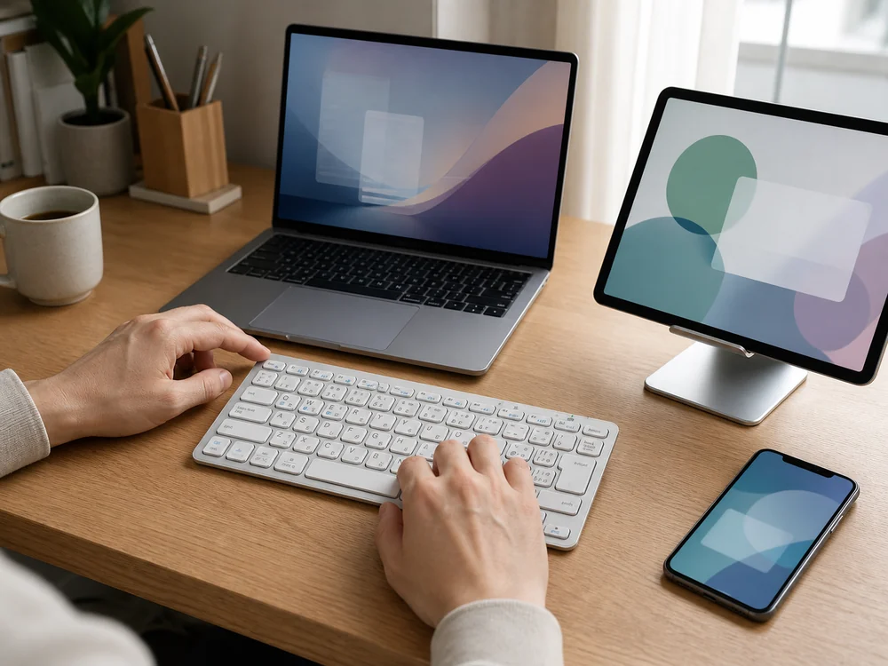 ノートPCとタブレットとスマホを白銀のワイヤレスキーボードで切り替えて使う様子