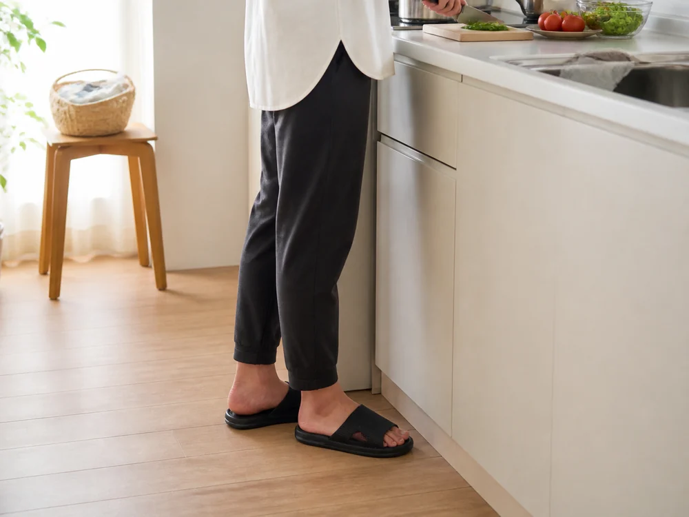 明るいキッチンで黒いアーチサポートスリッパを履いて調理する足元