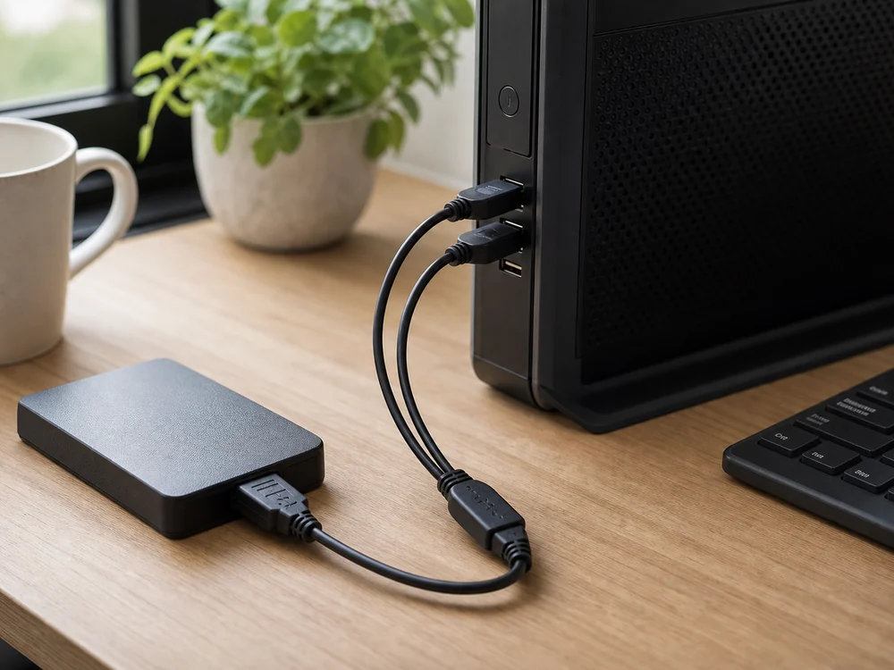 デスクトップPCの2つのUSB-Aポートから外付けHDDへ給電を補うY字ケーブル