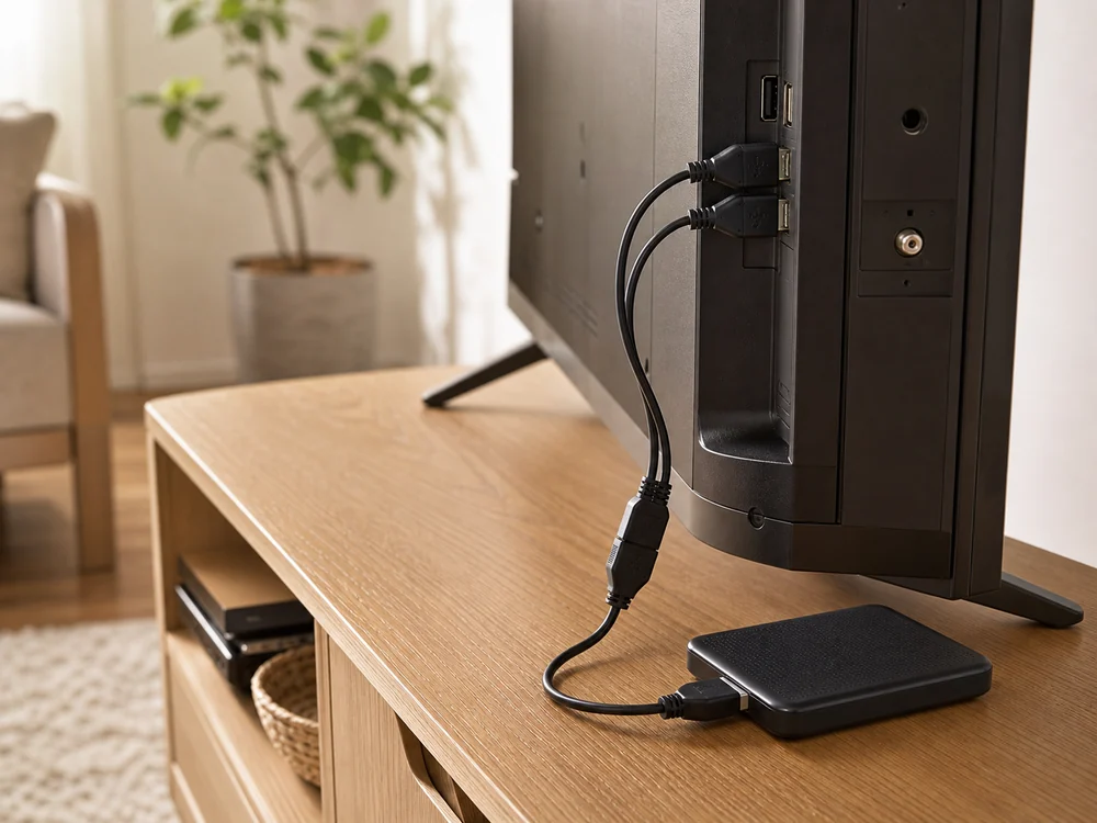 テレビの2つのUSB-Aポートと外付けHDDを短くつなぐ黒いY字ケーブル