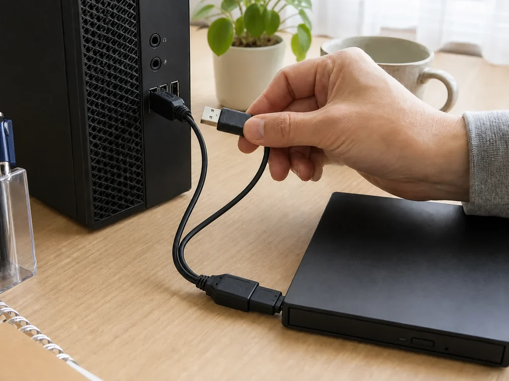 USB-Aオス2本をPCの隣接ポートへ接続する電源補助ケーブル