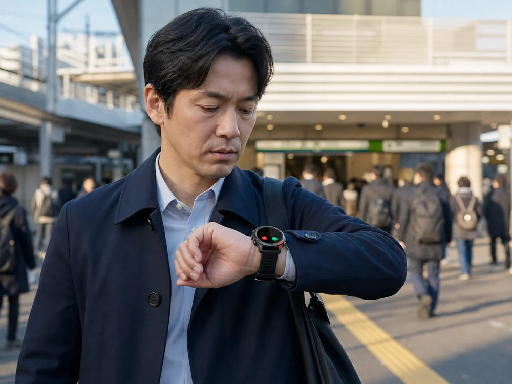 駅前でKOMOI NX6風の丸型スマートウォッチに届いた着信を確認する通勤者
