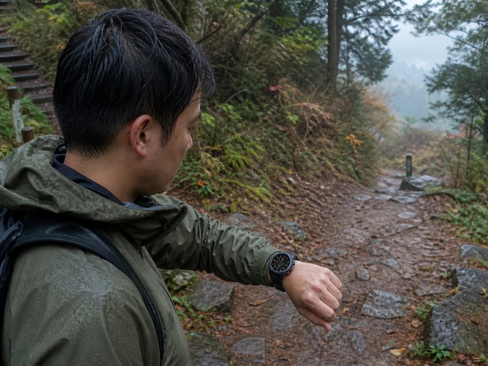 雨上がりの低山で丸型スマートウォッチのコンパスを確認するハイカー