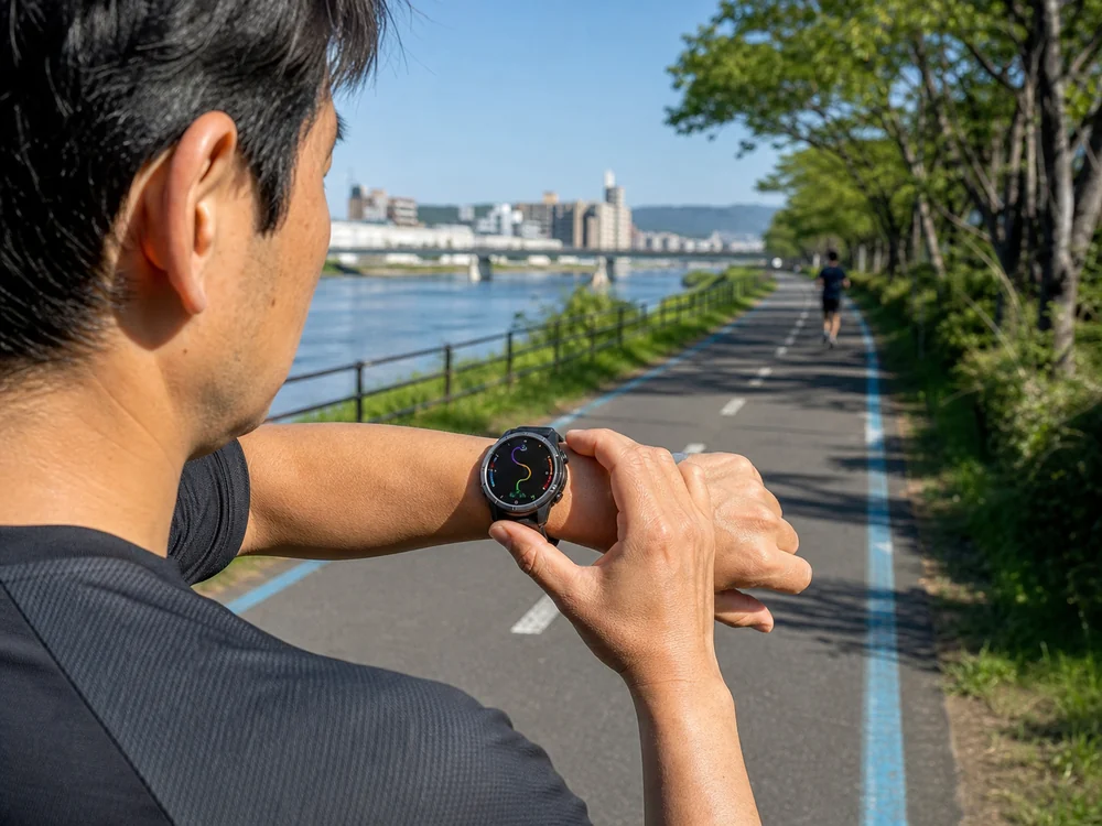 河川敷のランニング中に丸型スマートウォッチのGPSルートを確認する人
