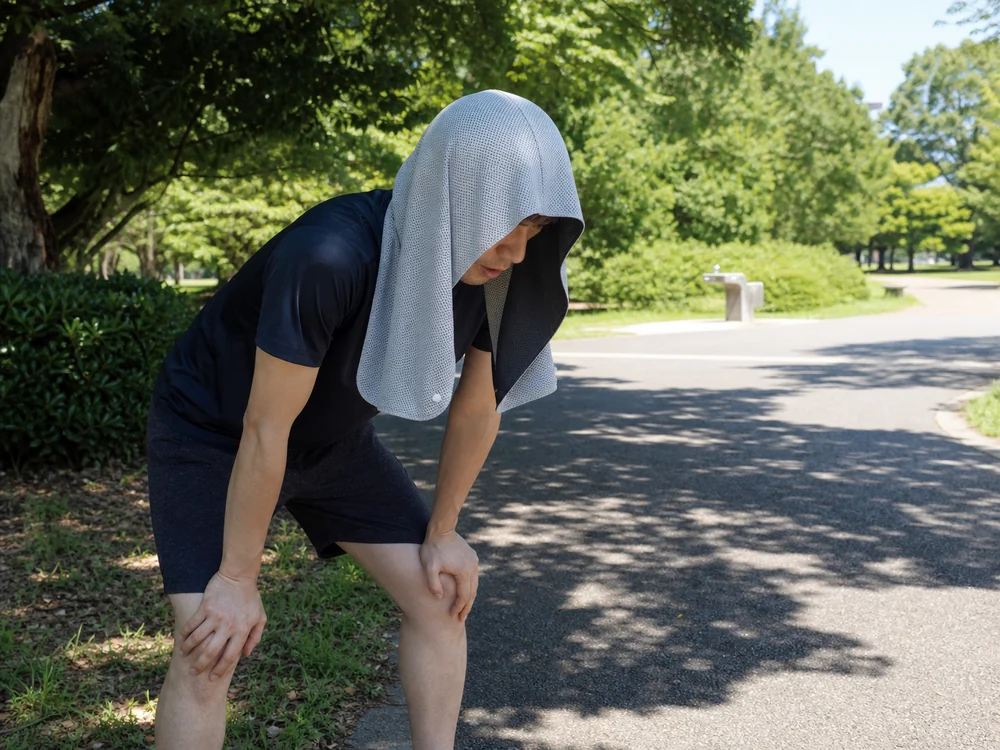 夏の公園の木陰でグレーの冷感タオルを頭からかぶり休むランナー