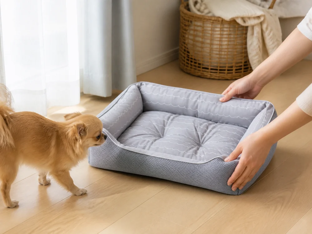 洗って乾かしたグレーの冷感ペットベッドを室内へ戻す飼い主と小型犬