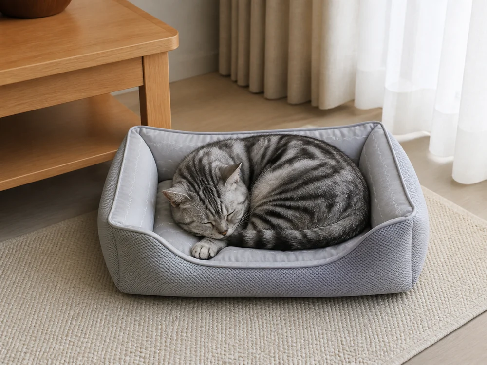 コンパクトなグレーの冷感ペットベッドで丸まって眠る小柄な猫