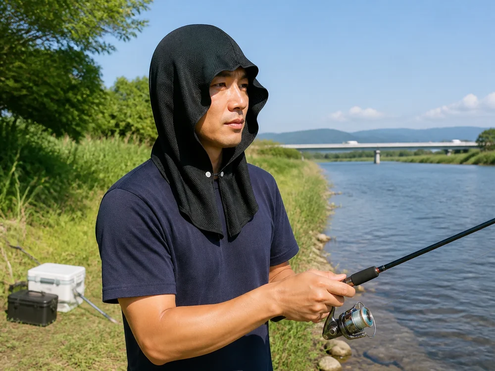 川辺の釣りで黒いフード型冷感タオルを頭と首に着けた人