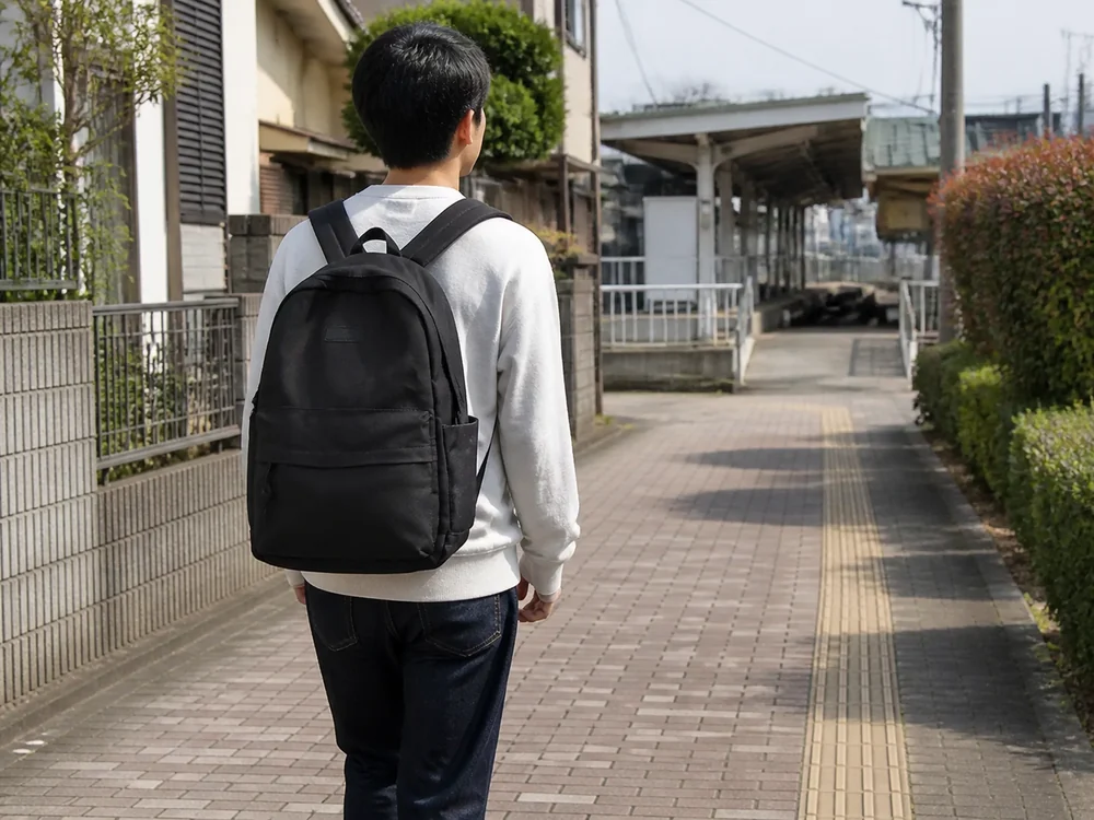 黒いリュックで駅へ向かうカジュアルな通学通勤シーン
