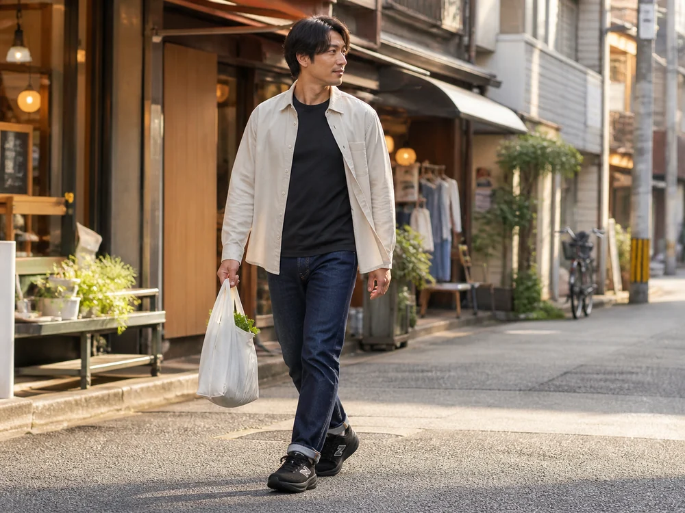 休日の街を黒い厚底ランニングシューズとデニムで歩く男性
