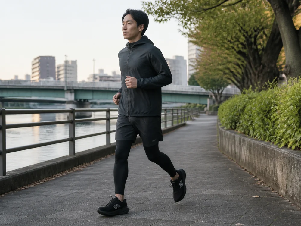 朝の川沿いを黒い厚底ランニングシューズでゆっくり走る男性