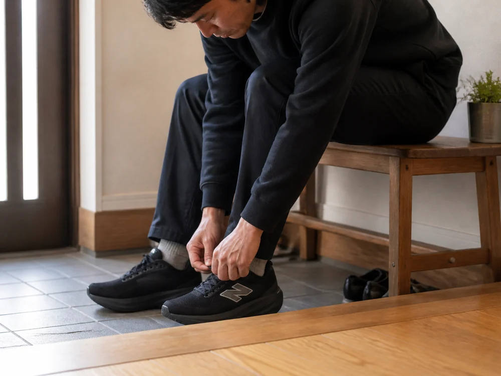 玄関で黒いランニングシューズの紐を結び足の甲とかかとのフィットを確かめる男性