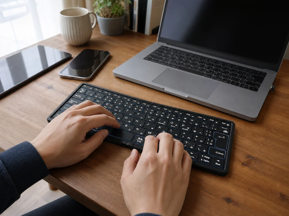 USBレシーバーを挿したノートPCとスマホの間で折りたたみキーボードを使う様子