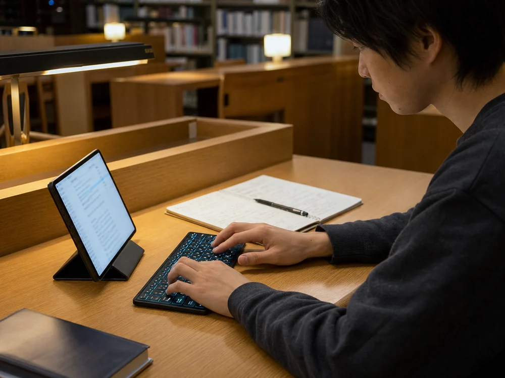 図書館でタブレットと青く光る折りたたみキーボードを使って学習する様子