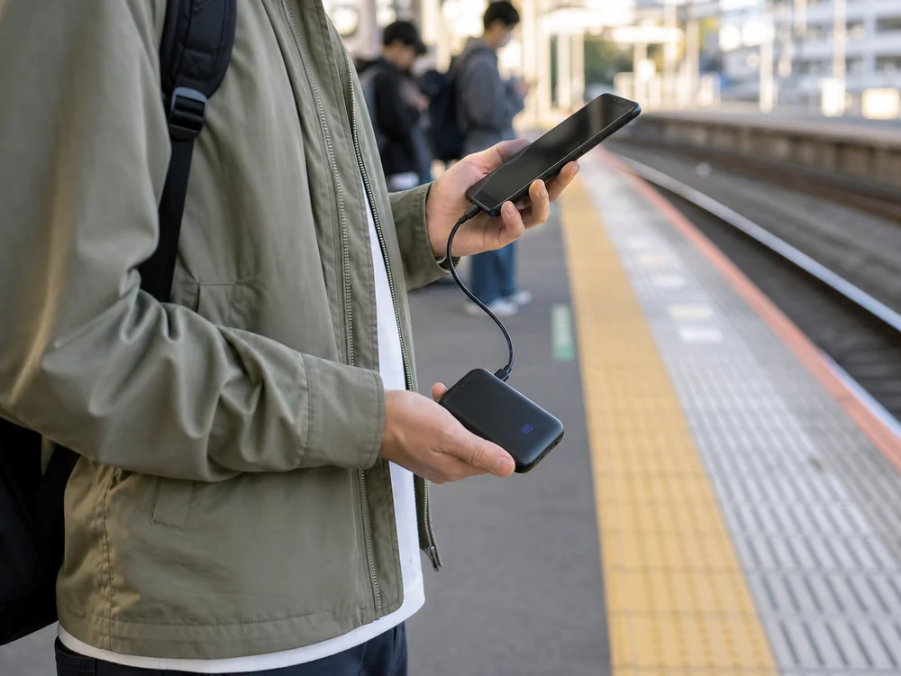 駅のホームで黒い薄型モバイルバッテリーからスマートフォンを充電する様子