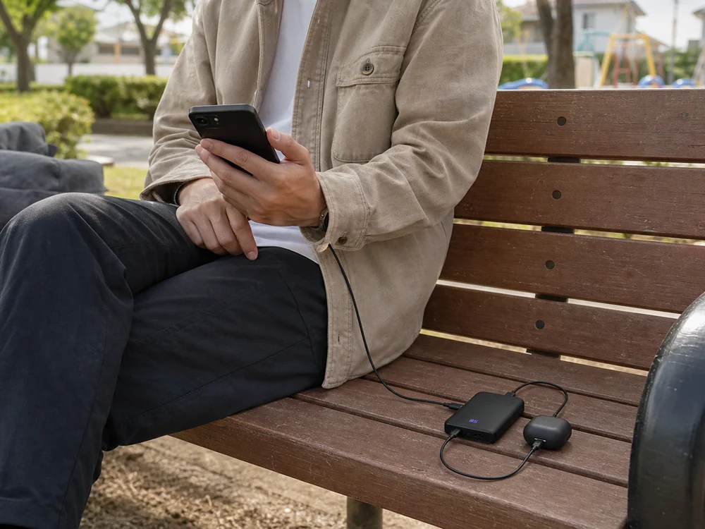 公園のベンチでスマートフォンとイヤホンケースを2台同時充電する様子