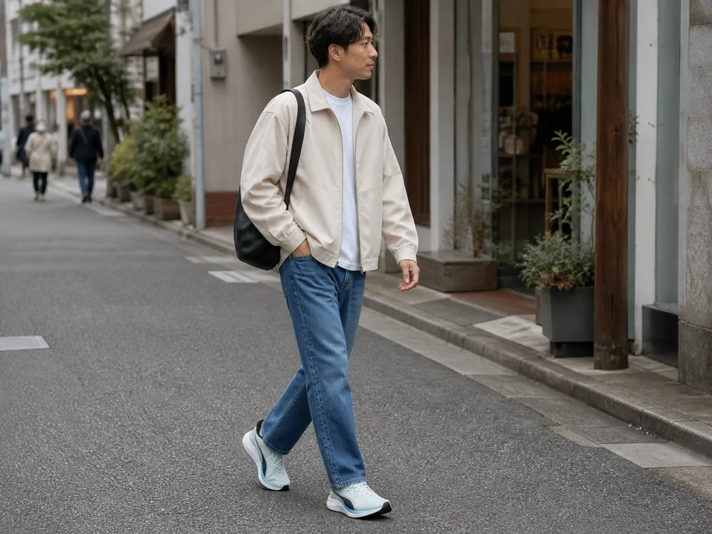 デニムに淡いブルーのランニングシューズを合わせて街を歩く男性