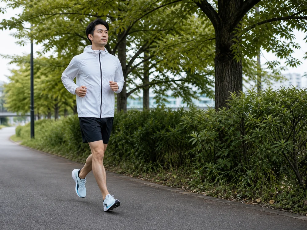 朝の公園の舗装路を軽くジョギングする男性と淡いブルーのランニングシューズ