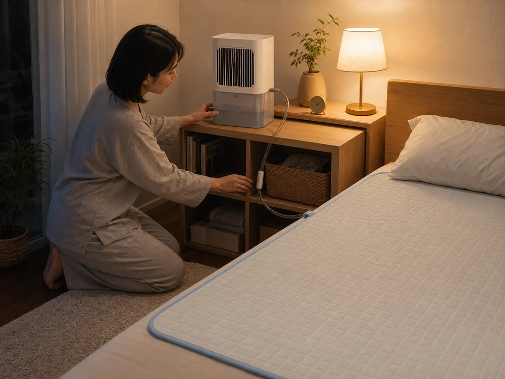 水冷マットより高い台に本体を置きホースと水位を確認する様子