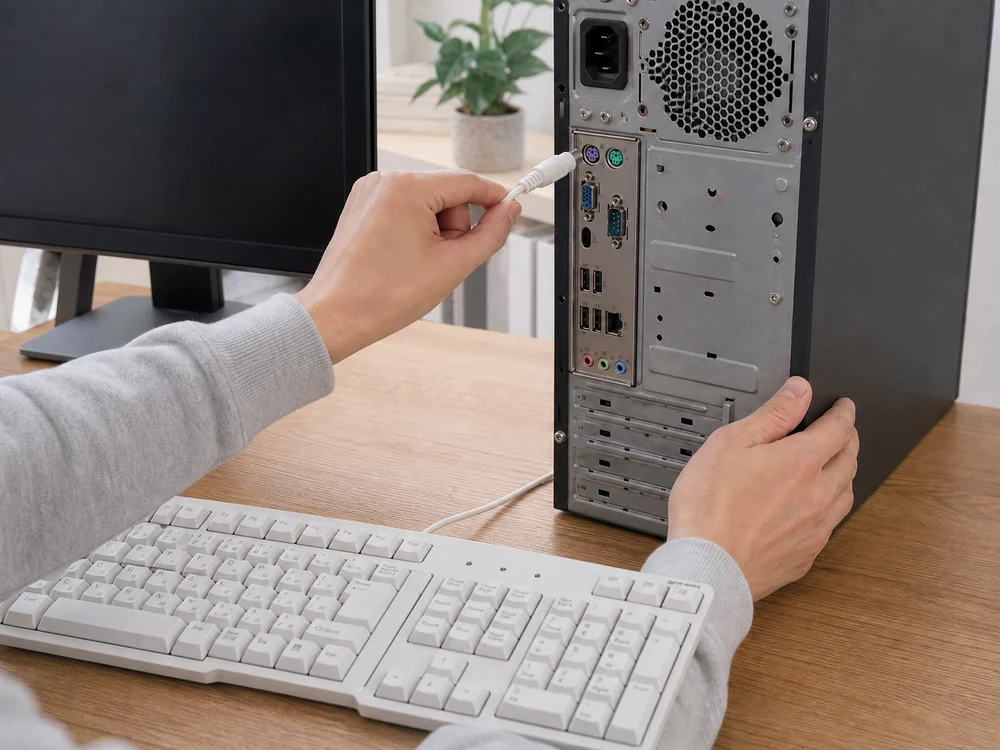 電源を切ったデスクトップPCのPS/2端子へ白いキーボードを接続する場面