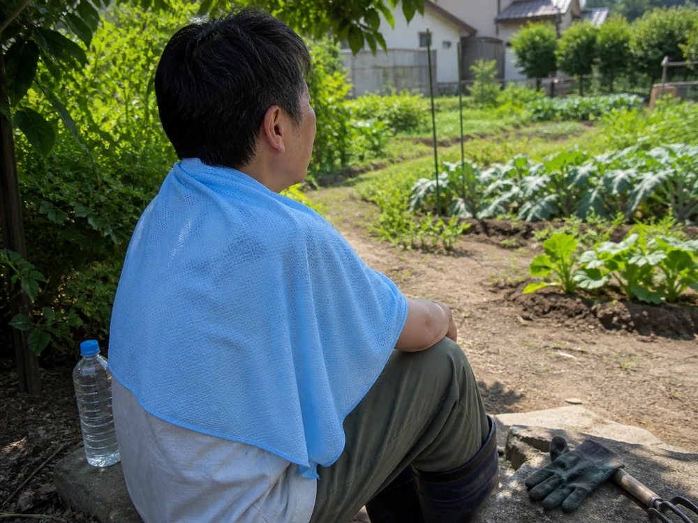 庭仕事の休憩中に大判クールタオルを肩から背中へ掛ける人