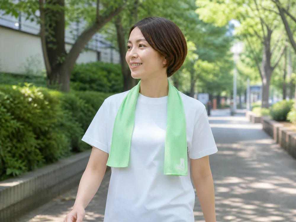 夏の公園を歩きながら淡いミントグリーンのクールタオルを首に掛ける女性