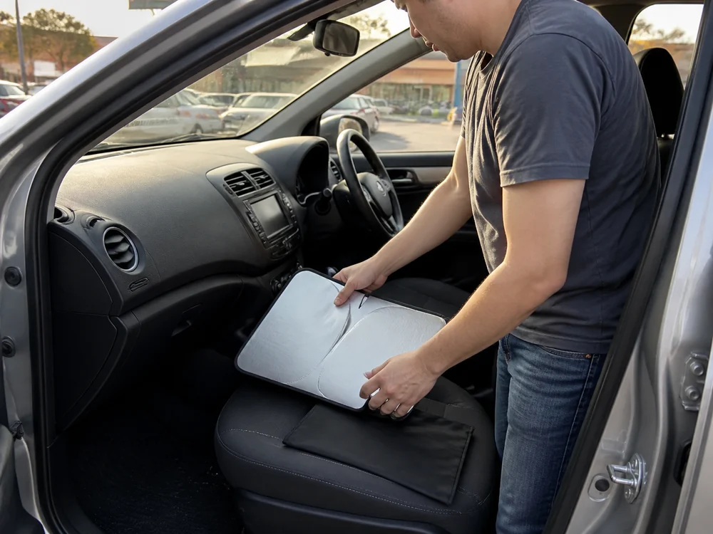 車の助手席で傘骨なしサンシェードを薄く折りたたみ収納する様子